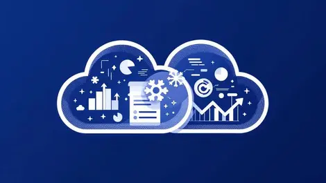 Cloud data merge charts with geometric snowflake icon blue flat