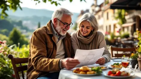 Older british couple map cafe luggage nature hills afternoon