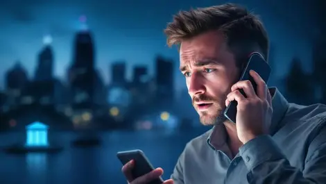 Worried australian man answering phone ghostly double ai fraud