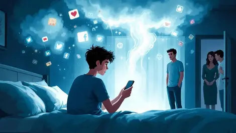 Australian teen worried social media storm icons parents doorway