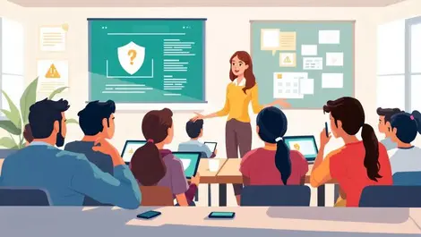 Teacher guiding teens on online safety privacy cyberbullying