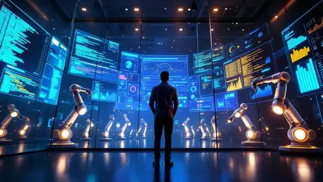 Cinematic ai security engineer in glass soc with robotic arms