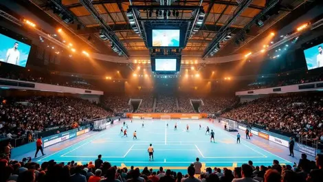Modern indoor futsal arena match with high tech it control room