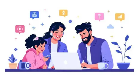 Indian business owner family comparing telecom options icons