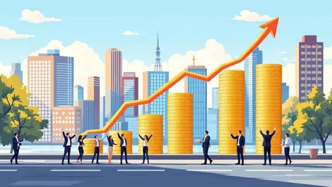 Nz city skyline growing coin graph happy office workers flexible work