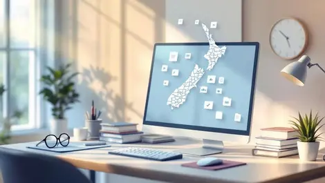 Isometric nz islands paper to digital folders govt desk scene