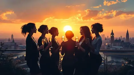Elegant businesswomen london rooftop sunset celebration skyline