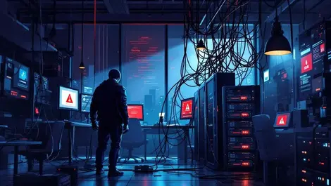 Moody european office ai robot cyberattack broken network cables