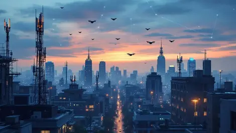 Ai wireless city skyline dusk 5g 6g towers drones network