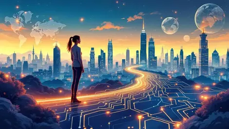 Young woman in tech branching circuit career path global skyline