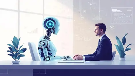 Ai customer humanoid figure in modern bank interior with data streams