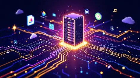 Central server rack streamlining colorful data for observability