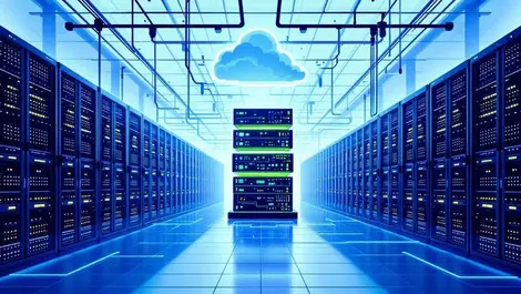 Modern nvidia datacenter glowing racks cubes hybrid cloud scene