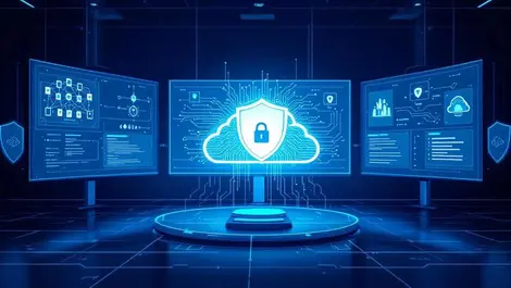 Corporate soc digital illustration cloud shield ai circuitry blue