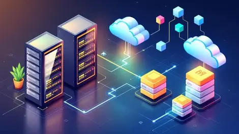 Isometric enterprise server room cold data to cloud storage cubes