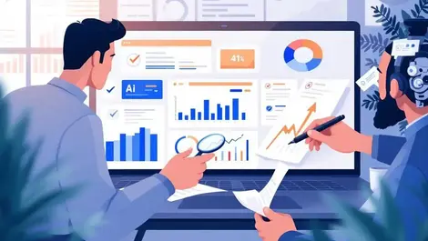 Focused audit professionals corporate office dashboard checkmarks digital illustration